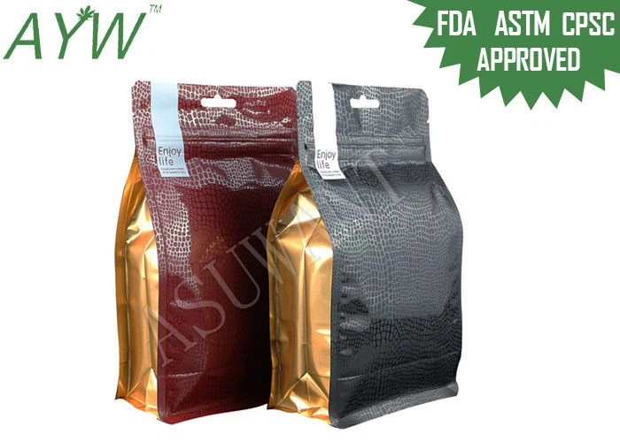 Codenni Ziplock Stand Up Argraffedig Aur / Bagiau Gusset Gwaelod Fflat gyda chau sip